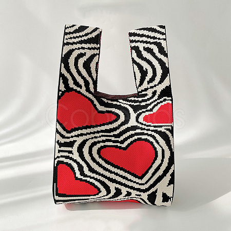 Polyester Heart Print Knitted Tote Bags PW-WG24464-03-1