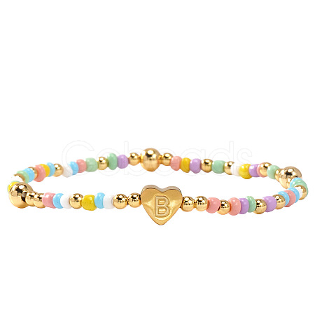 Summer Stainless Steel Heart Alphabet Colorful Glass Seed Beaded Stretch Bracelets for Women JV8929-28-1