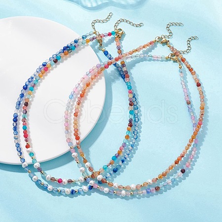 4MM Natural Agate(Dyed & Heated) Faceted Round & Potato Natural Pearl Beaded Necklaces NJEW-JN06031-1