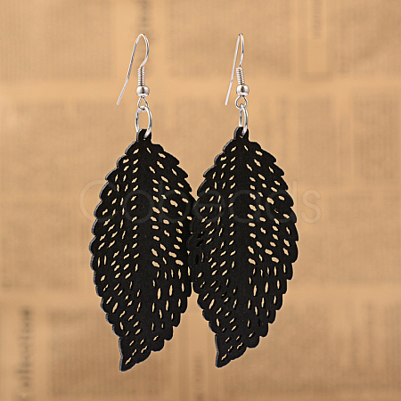Cute Design Filigree Leaf Wood Dangle Earrings EJEW-I179-08-1