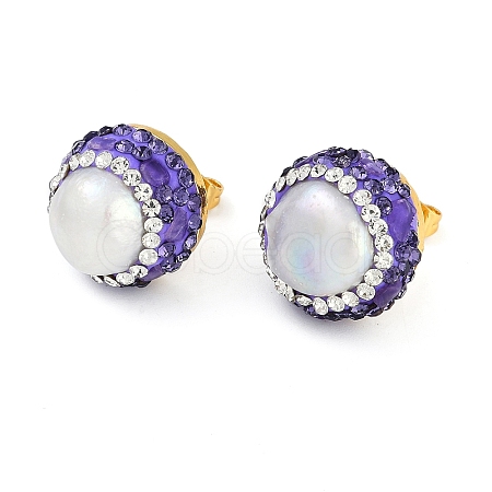 Rack Plating Flat Round Brass With Rhinestone & Natural Pearl Handmade Indonesia Stud Earrings EJEW-U010-02D-G-1