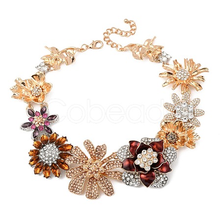 Flower Alloy Colorful Rhinestone Bib Necklaces for Women NJEW-F357-05KCG-1