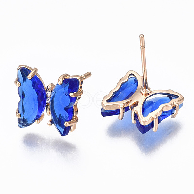 Cubic Zirconia Butterfly Stud Earrings with Glass KK-S365-003D-1