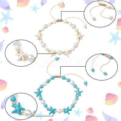 2Pcs 2 Colors Adjustable Dyed Synthetic Turquoise & Shell Pearl Braided Bead Bracelets BJEW-PA0001-04-1