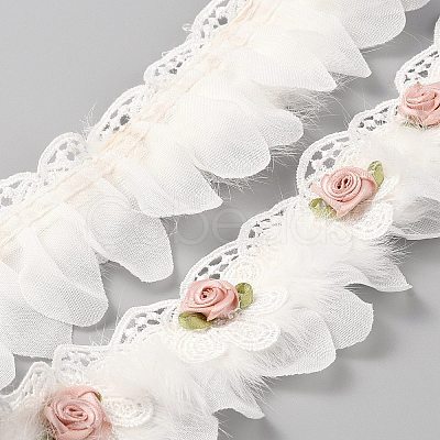 Polyester Flower Lace Ribbons with Faux Feather SRIB-WH0011-245-1
