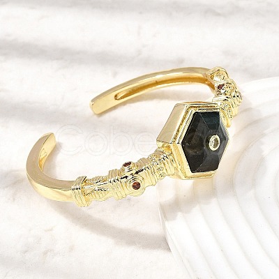 Hexagon Brass Pave Natural Labradorite & Cubic Zirconia Cuff Bangles for Women BJEW-Z172-01G-07-1