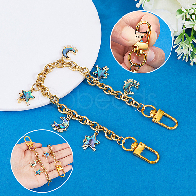 Brass & Natural Paua Shell Star Moon Charm 304 Stainless Steel Bag Decorative Chains HJEW-PH02278-1