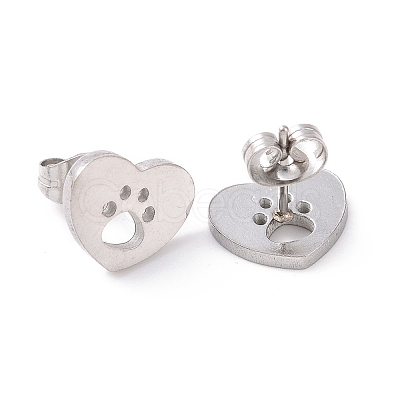 Tarnish Resistant 304 Stainless Steel Heart with Dog Paw Print Stud Earrings for Women EJEW-G328-02P-1