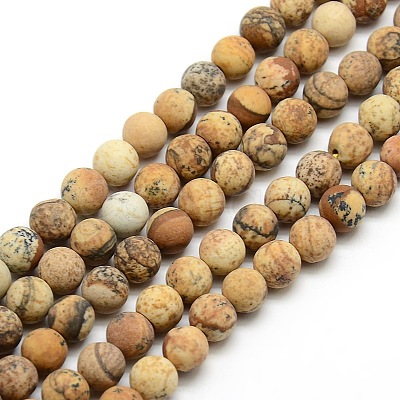 Frosted Natural Picture Jasper Round Bead Strands G-M064-8mm-05-1