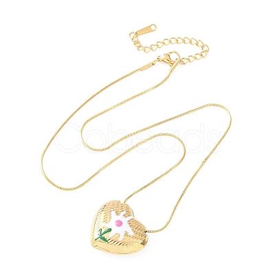 304 Stainless Steel Enamel Heart with Flower Pendant Necklaces for Women NJEW-D347-01G-02-1
