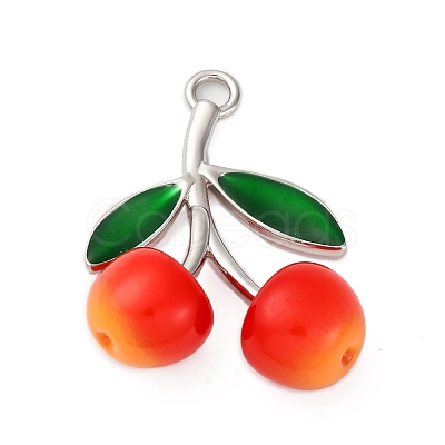 Brass Green Enamel & Plastic Cherry Pendants KK-I276-17P-1