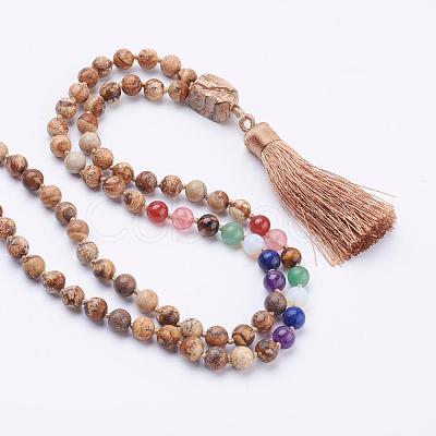 Natural Picture Jasper Tassel Pendant Necklaces NJEW-P193-A02-1