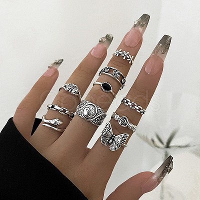 10Pcs 10 Style Flower & Snake & Butterfly & Oval Alloy Finger Rings Set for Women AJEW-PW0005-06AS-1