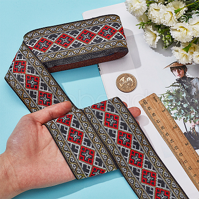 7M Ethnic Style Polyester Rhombus Jacquard Ribbon OCOR-WH0086-98A-1