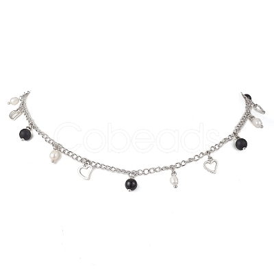 Natural Black Agate(Dyed & Heated) & Natural Pearl & 304 Stainless Steel Heart Tassel Curb Chain Necklaces NJEW-JN05342-1