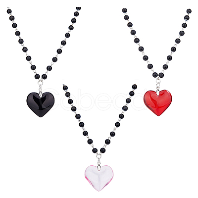 3Pcs 3 Colors Glass Heart Pendant Necklaces Set with Plastic Beaded Chains NJEW-FI0001-40-1