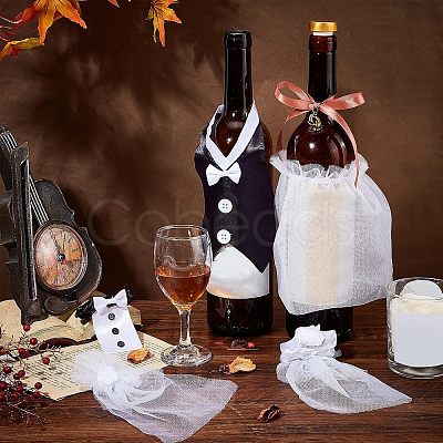 2 Sets 2 Style Organza & Cloth Bride and Groom Wine Bottle Cover AJEW-CA0002-44-1