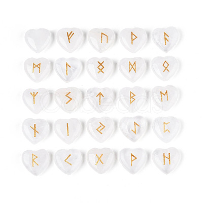 25Pcs Natural Quartz Crystal Heart Rune Stones with Elder Futhark Alphabet Engraved G-T144-02C-1