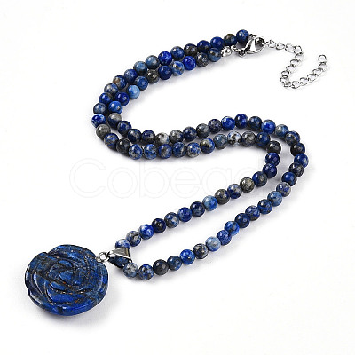 Natural Lapis Lazuli 4.5mm Round Beaded Flower Pendant Necklaces NJEW-T016-04C-1