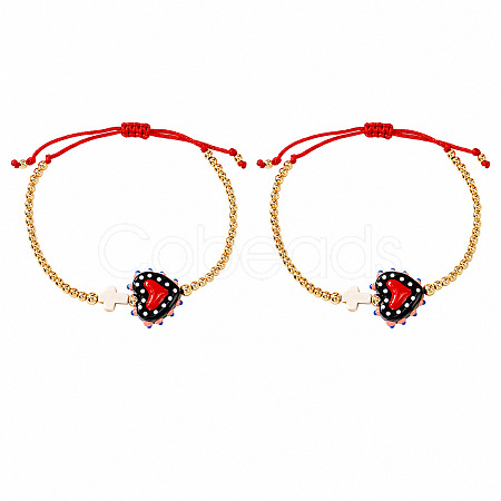 2Pcs 2 Colors Dyed Synthetic Turquoise Cross and Glass Heart Braided Bead Bracelets for Women PE0777-2-1
