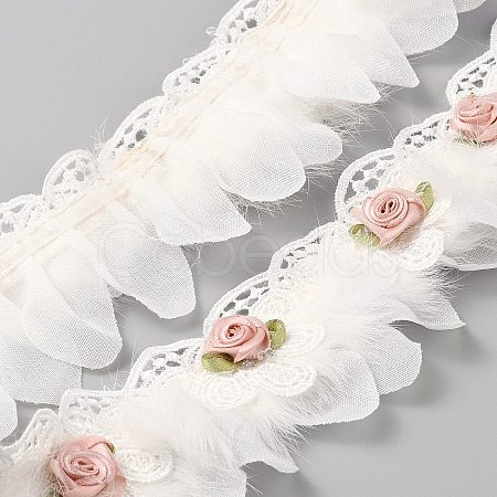 Polyester Flower Lace Ribbons with Faux Feather SRIB-WH0011-245-1