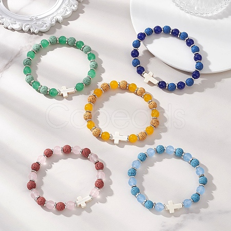 Natural Lava Rock & Malaysia Jade Round Beaded Stretch Bracelets BJEW-JB13452-1