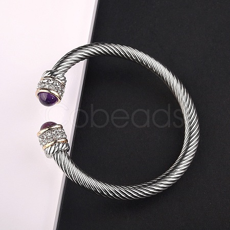 Adjustable C-shaped 304 Stainless Steel Twist Open Cuff Bracelets with Natural Amethyst UG3207-4-1
