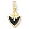 Brass Micro Pave Cubic Zirconia Pendants, with Enamel, Leaf Charms, Black, 33.5x18x3.5mm, Hole: 7x4mm