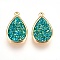 Resin Imitation Druzy Crystal Pendants, with Brass Findings, teardrop, Golden, Sea Green, 16.5x10.5x4~5mm, Hole: 1mm