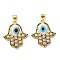 Brass Cubic Zirconia Pendants, with Lampwork, Real 18K Gold Plated, Hamsa Hand Charm, White, 24x20.5x4mm, Hole: 5x3.5mm