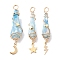 3Pcs 3 Styles Electroplated Natural Quartz Crystal Copper Wire Wrapped Pendants, TearDrop Charms with Golden Tone Alloy Moon & Star & Sun & Lightning Bolt, Light Sky Blue, 44.5~48.5x8~10.5x6.5~13mm, Hole: 4mm, about 1pc/style