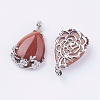 Teardrop with Flower Platinum Plated Brass Goldstone Pendants G-F228-37C-RS-2