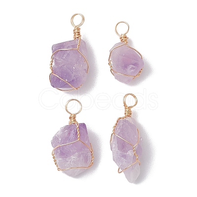 Raw Rough Natural Amethyst Copper Wire Wrapped Pendants PALLOY-JF02787-02-1