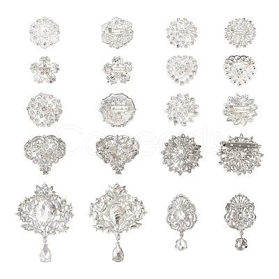 10Pcs 10 Styles Flower & Heart & Teardrop Crystal Rhinestone Brooches Set JEWB-BY0001-04-1