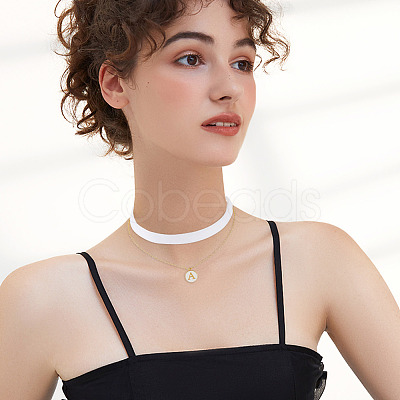 Alloy White Enamel Flat Round with Letter A Pendant Single Face Velvet Ribbon & 304 Stainless Steel Chain Double Layered Necklaces for Women NJEW-TAC0040-1