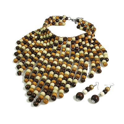 Bohemian Style Wood Round Beaded Pendant Necklaces & Dangle Earrings Sets FS-WG26D1A-02-1