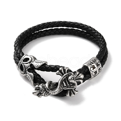 Men's Braided Black PU Leather Cord Multi-Strand Bracelets BJEW-K243-30AS-1