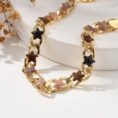 Star Brass Enamel Curb Chain Bracelets for Women BJEW-B125-02G-1