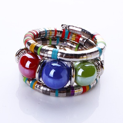Alloy & Iron & Resin Round Beaded Bangles for Women FS-WG7222A-04-1