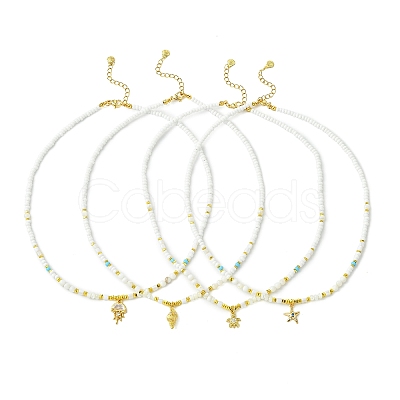 Ocean Brass Pave Clear Cubic Zirconia Sea Animals Pendant Natural Shell and Glass Seed Beaded Necklaces for Women NJEW-JN06345-1
