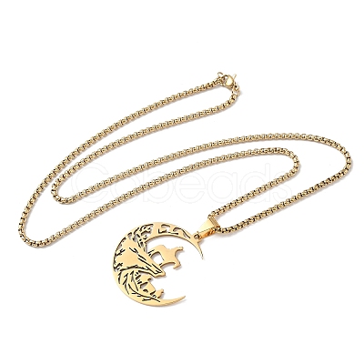 201 Stainless Steel Hollow Cut Cowboy Moon Pendant Necklaces NJEW-H065-26G-1