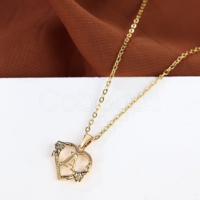 Brass Rose Flower Heart with Letter Pendant Cable Chain Necklaces FS-WG42461-01-1