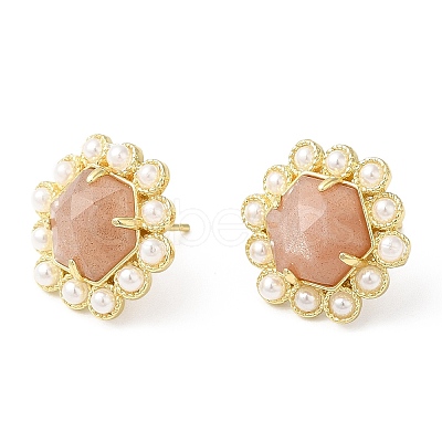 Ion Plating(IP) Natural Sunstone Hexagon Stud Earrings with Plastic Pearl Beaded EJEW-E287-01G-03-1