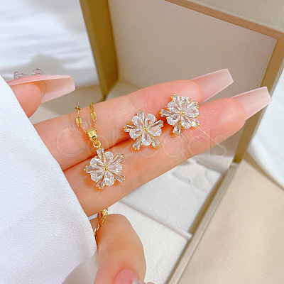 Brass Micro Pave Cubic Zirconia Pendant Necklace & Stud Earrings WG7AC39-37-1