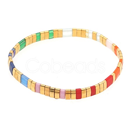 Bohemian Rainbow Glass Flat Double-Hole Bead Striped Women's Stretch Bracelets for Women QS8192-6-1