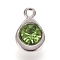 Faceted Glass Charms, with Platinum Plated Alloy Findings, Teardrop, August Birthstone Charms, Peridot, 11.3x7.2x4.2mm, Hole: 1.2mm