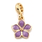 Rack Plating Alloy Enamel Flower European Dangle Charms, Large Hole Pendants, Golden, Medium Purple, 28mm, Hole: 4.6mm, Flower: 17.5x15x2mm