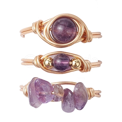 3Pcs 3 Styles Natural Rose Quartz & Amethyst & Green Aventurine Finger Rings RJEW-JR00745-1