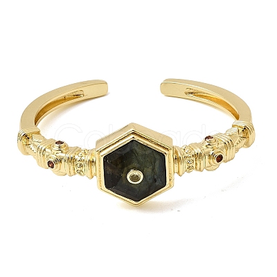 Hexagon Brass Pave Natural Labradorite & Cubic Zirconia Cuff Bangles for Women BJEW-Z172-01G-07-1