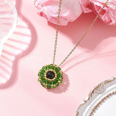 Dyed Natural Green Tiger Eye & Glass Seed Beaded Flat Round Pendant 304 Stainless Steel Cable Chain Necklaces NJEW-MZ00129-05-1
